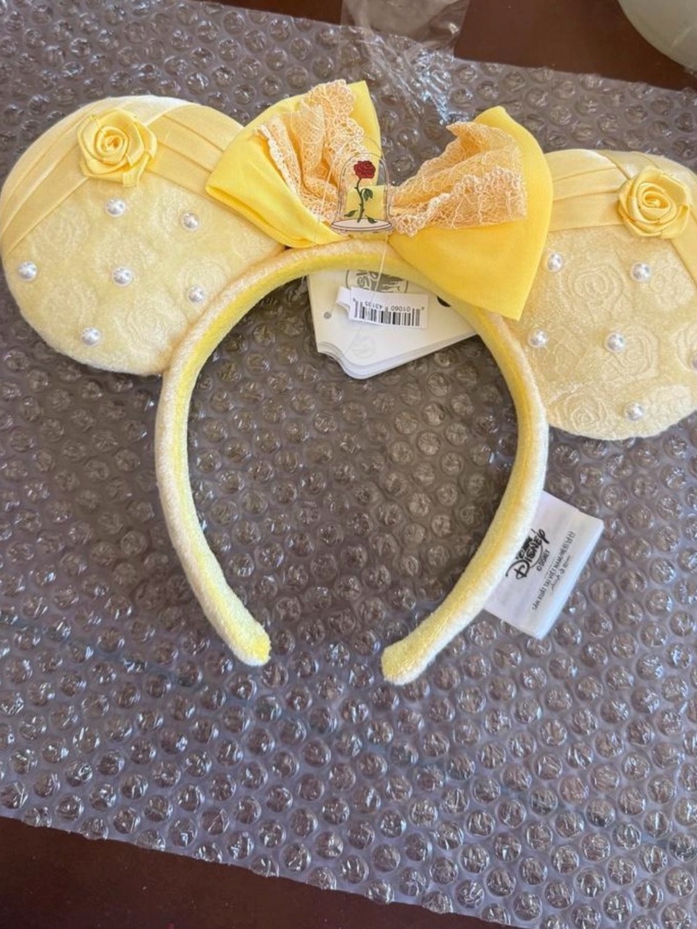 Disney Yellow Belle-Inspired Kids Mouse Ear Headband with Pearl & Rose Accents